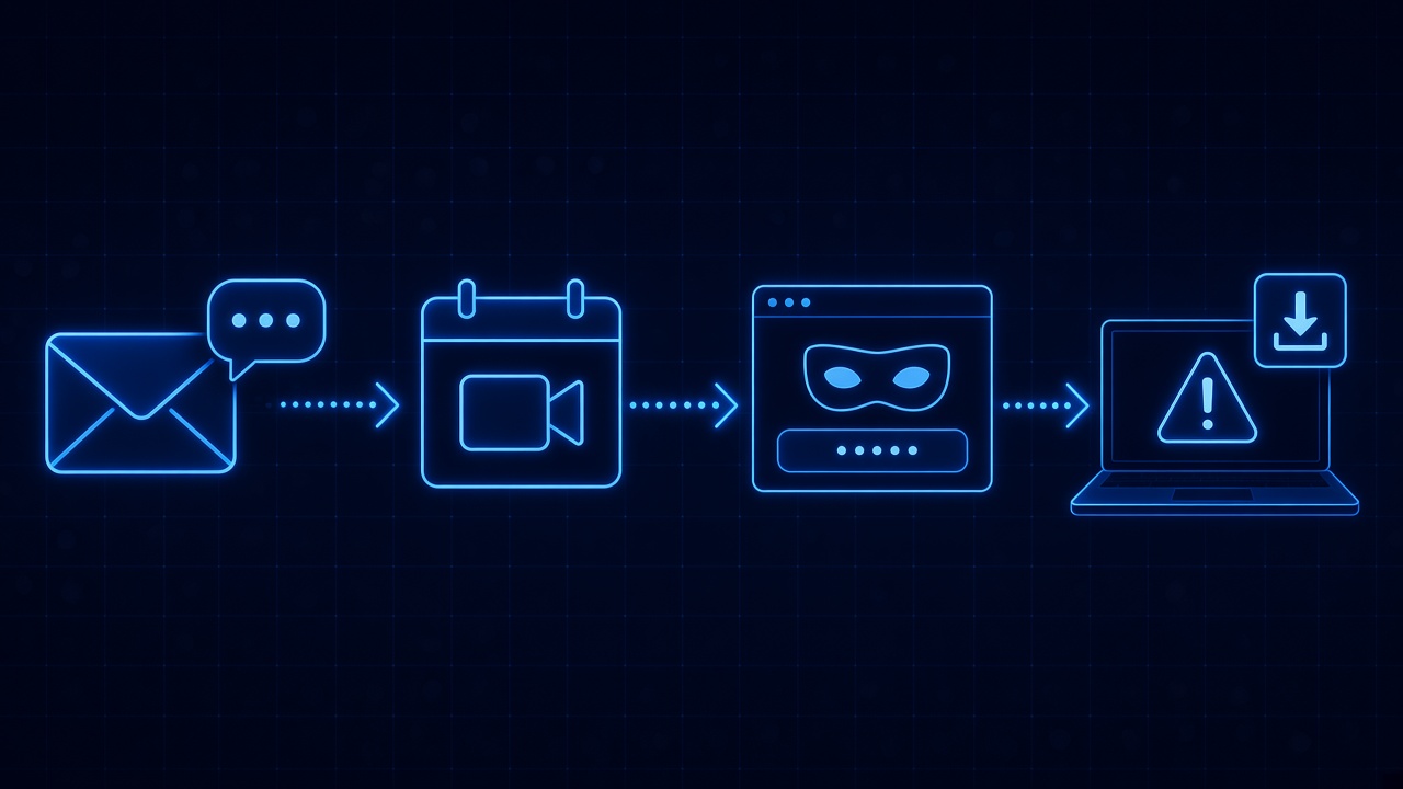 Attack chain from a friendly new client email to a scheduled meeting, a spoofed meeting link, and a compromised laptop