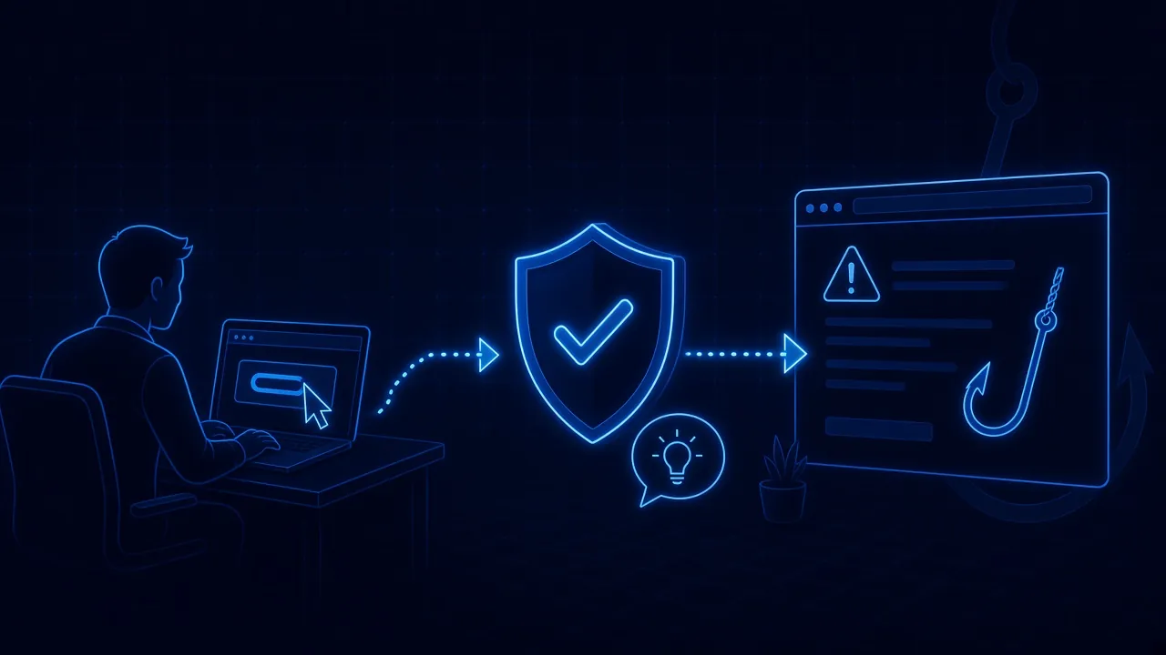 A shield intercepting a risky click between an employee at a laptop and a malicious webpage, with a short lesson offered after the block