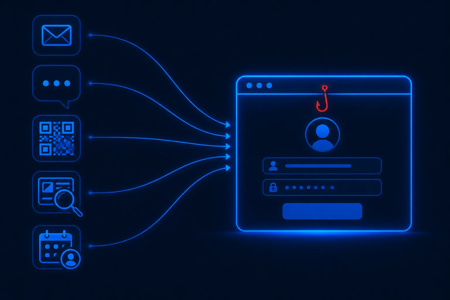 Phishing lures from email, chat, QR codes, search ads, and calendar invites all converging on a fake login page in the browser