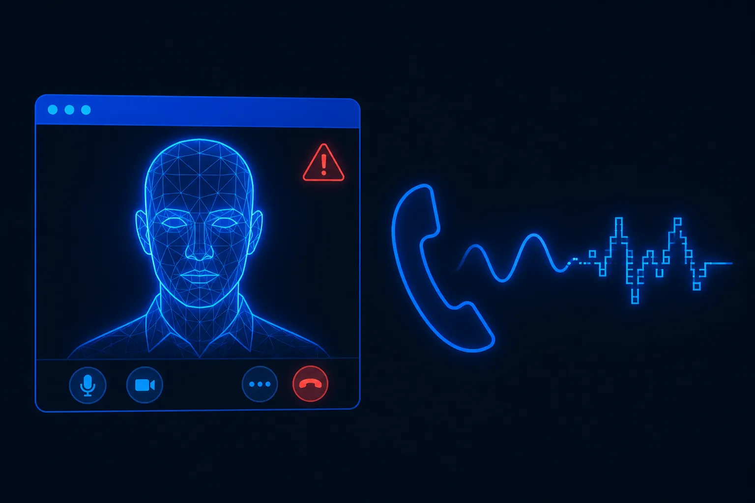 Deepfake video call participant shown as a wireframe face beside a phone call with a synthetic cloned voice waveform