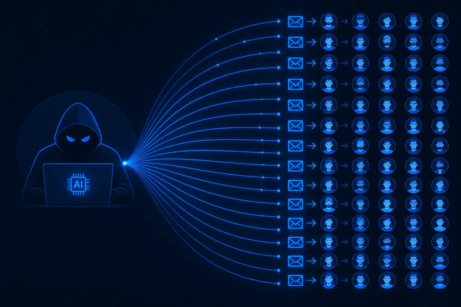 A single attacker using AI to send thousands of personalized phishing emails to many different employees at once