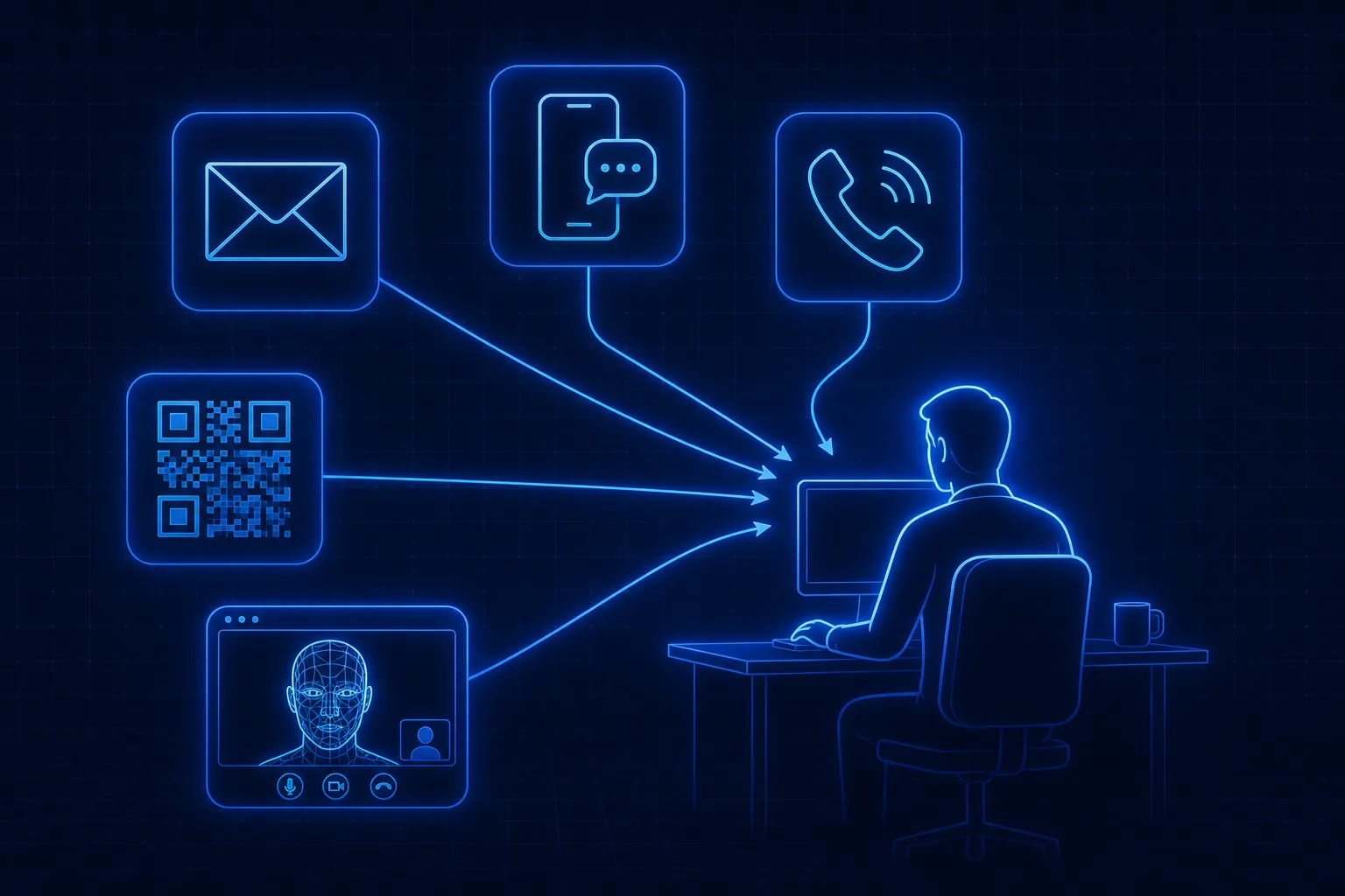 Phishing attacks converging on one employee from five channels at once: email, text message, voice call, QR code, and a deepfake video call
