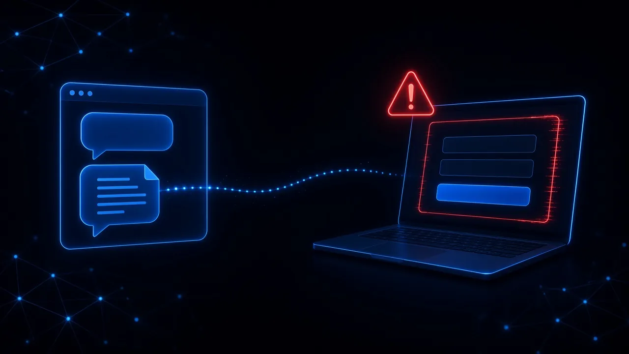 A chat window with a shared document leading along a dotted line to a laptop sign-in form with a glitching red edge and a warning triangle above it