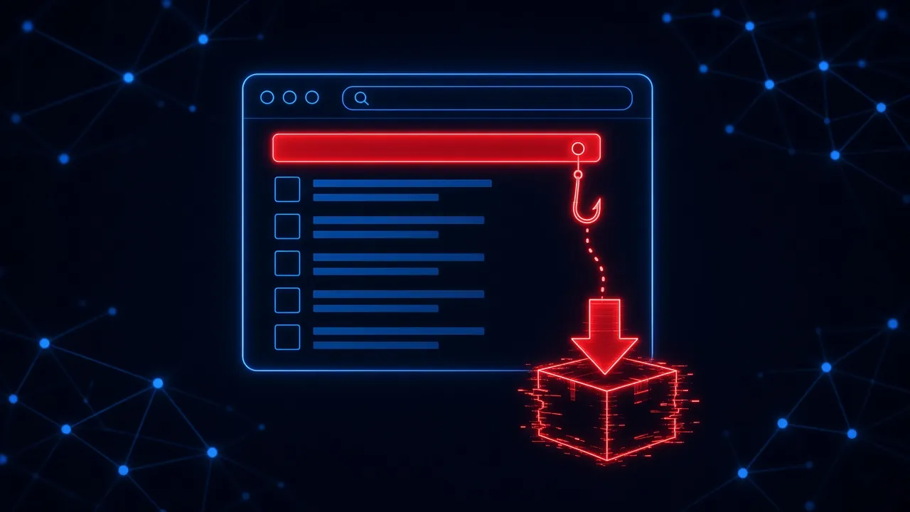 A browser search results page where the top result glows red with a fishing hook attached, leading to a download arrow over a glitching installer package