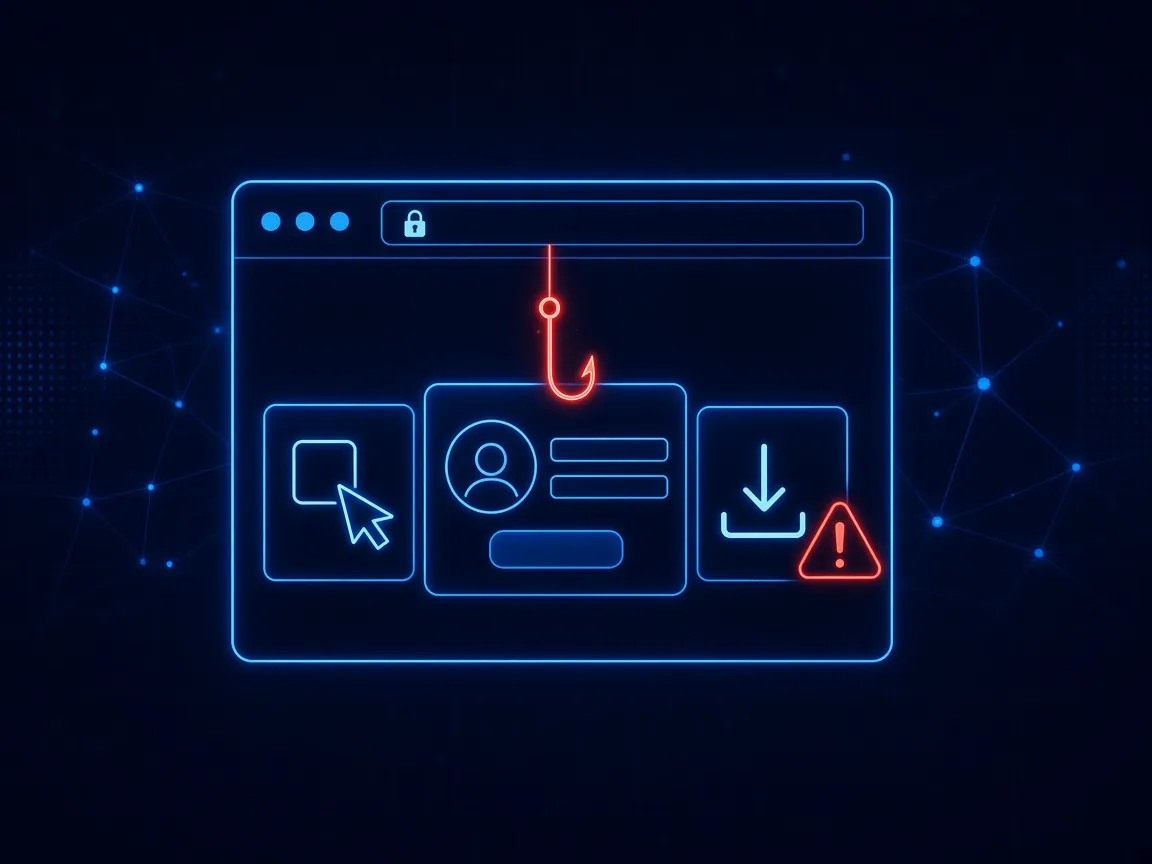 Browser window filled with social engineering traps: a fake verification checkbox, a fake login popup, and a malicious download, with a fishing hook dangling above them