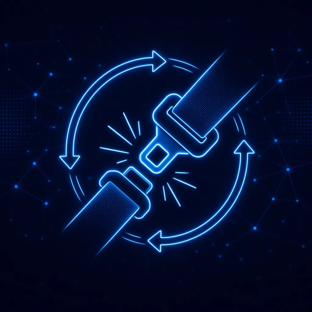 A seatbelt buckle clicking shut inside a circular arrow, a habit repeated until it is automatic