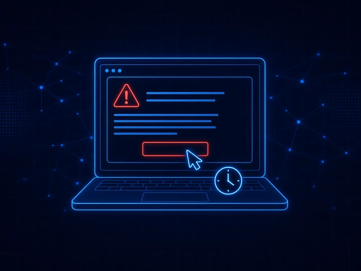 Laptop screen showing an urgent warning email with the pointer hovering over its link, next to a ticking clock