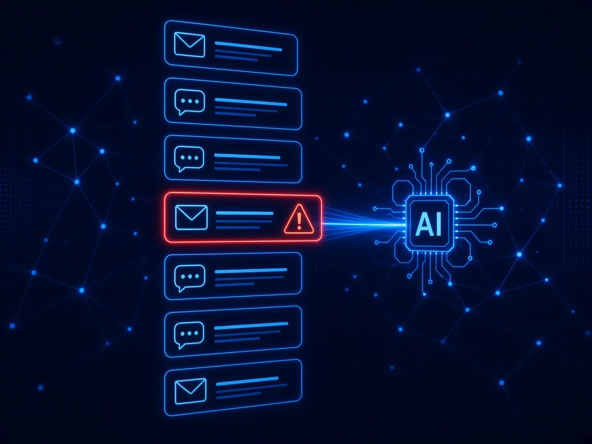 An AI chip scanning a stream of messages and flagging the one social engineering attempt among them