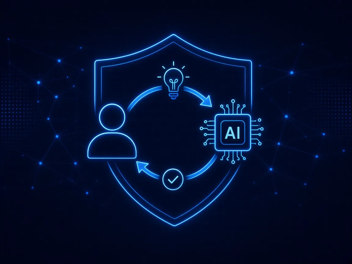 A person and an AI chip exchanging lessons and confirmations inside a shared security shield