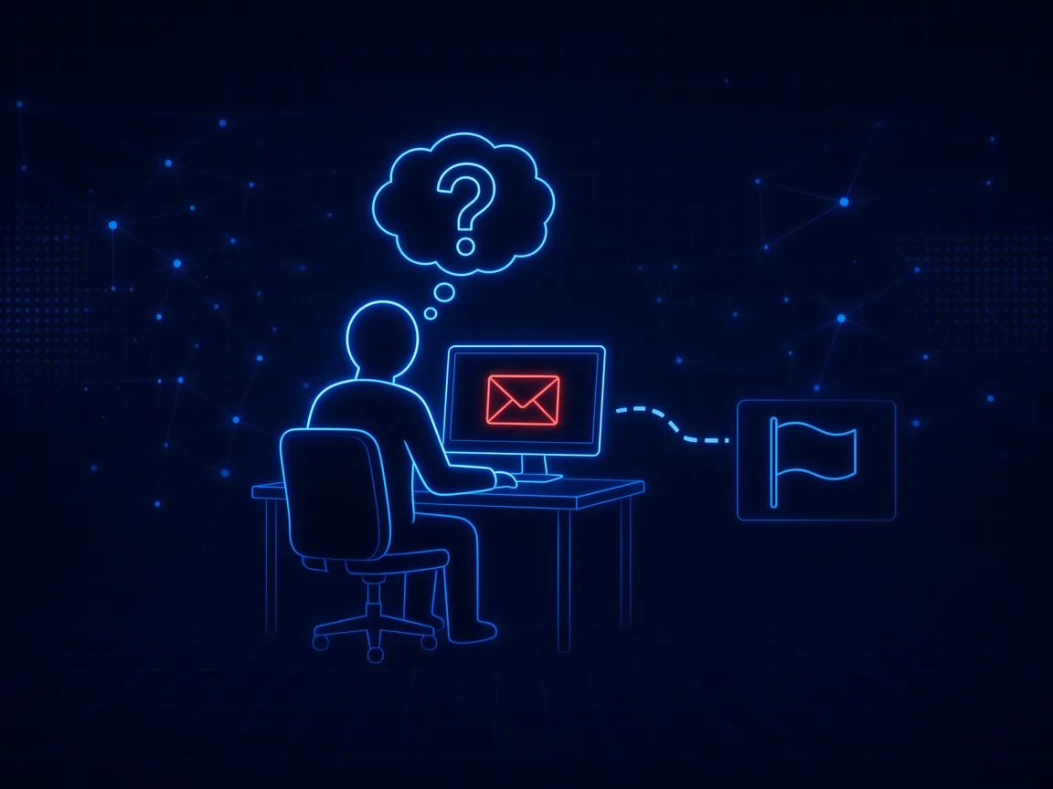 An employee alone at a desk with a suspicious email on screen, unsure whether to press the report button