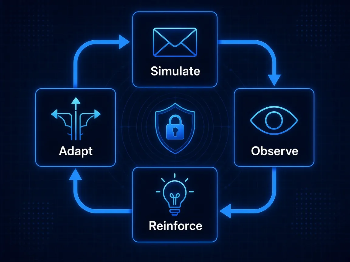 Continuous phishing simulation loop: Simulate, Observe, Reinforce, Adapt