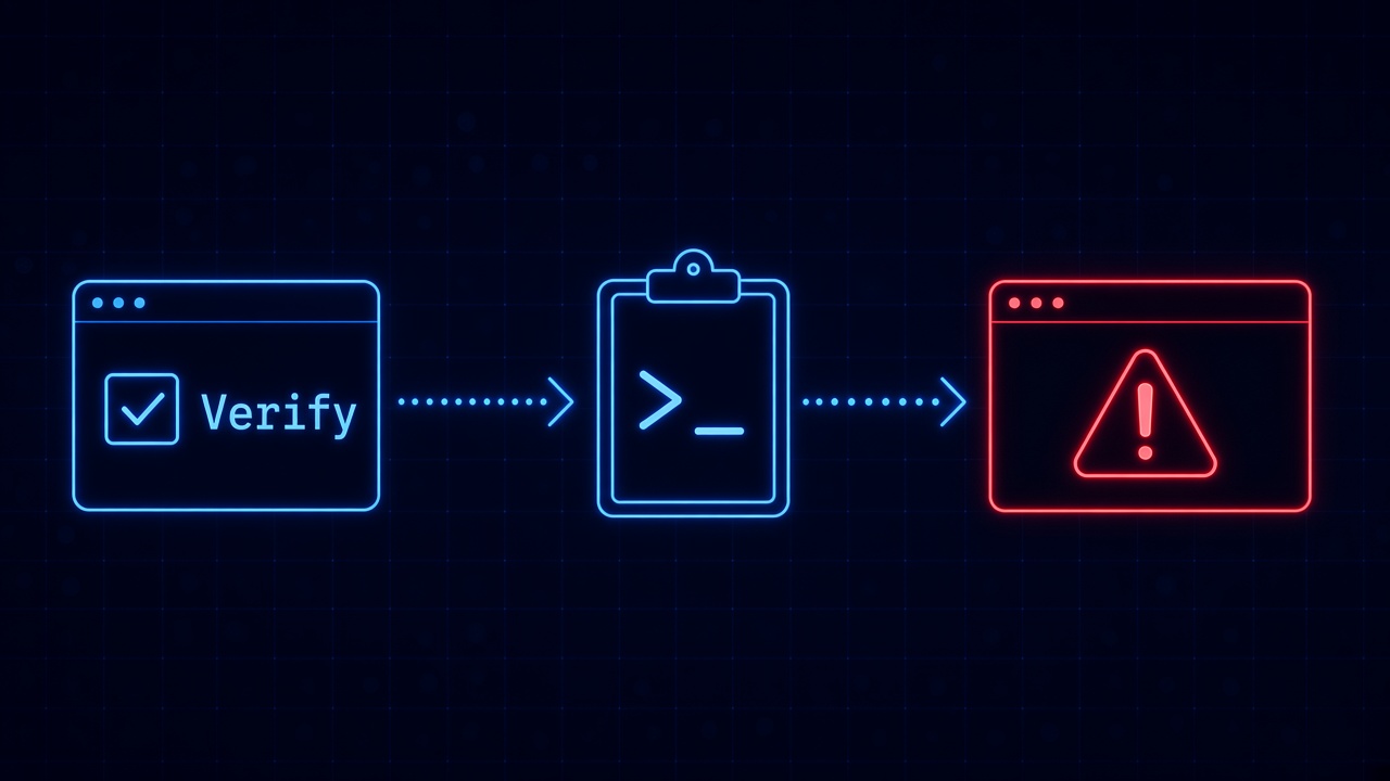 Three-step ClickFix attack chain: a fake CAPTCHA verification page, a command silently copied to the clipboard, and a terminal window glowing red with a warning as malware executes