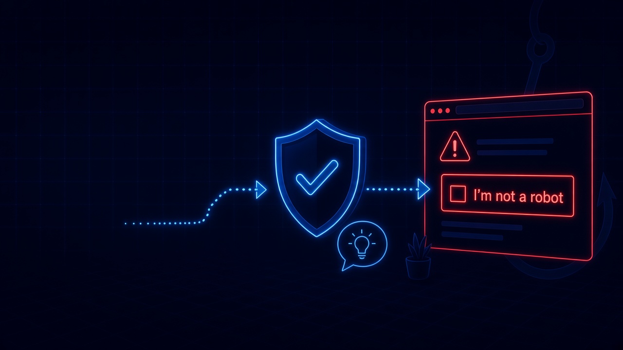 A shield blocking a fake CAPTCHA verification page before its instructions can be followed, with a short lesson offered after the block