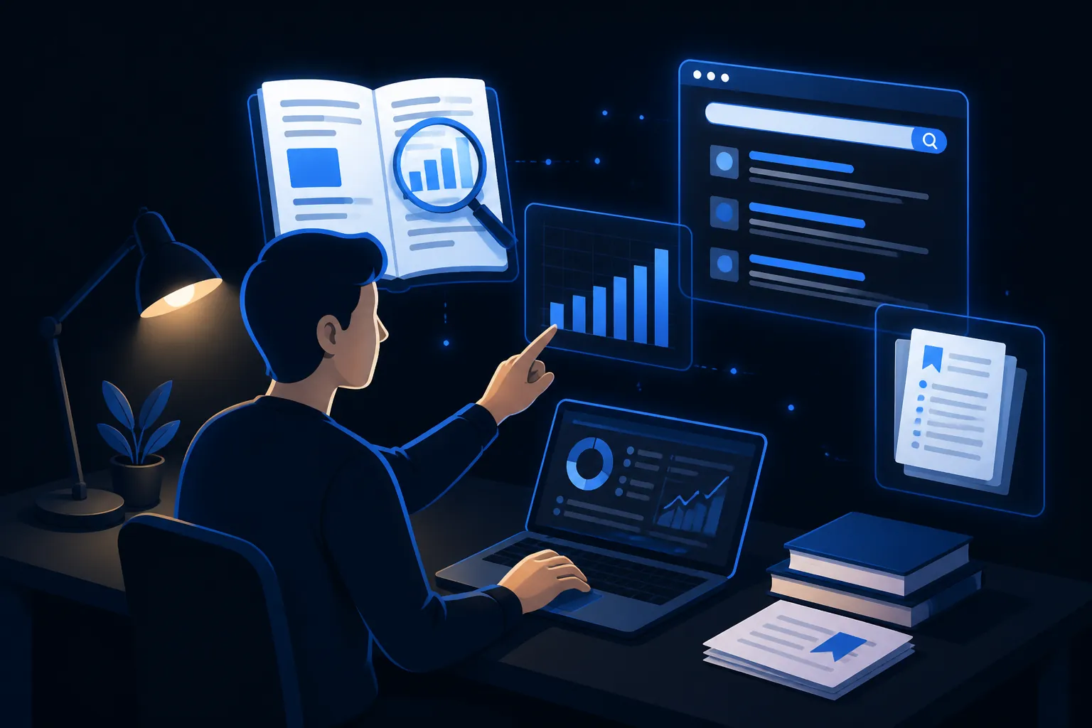 A researcher at a desk reviewing studies, search results, and charts on security training effectiveness