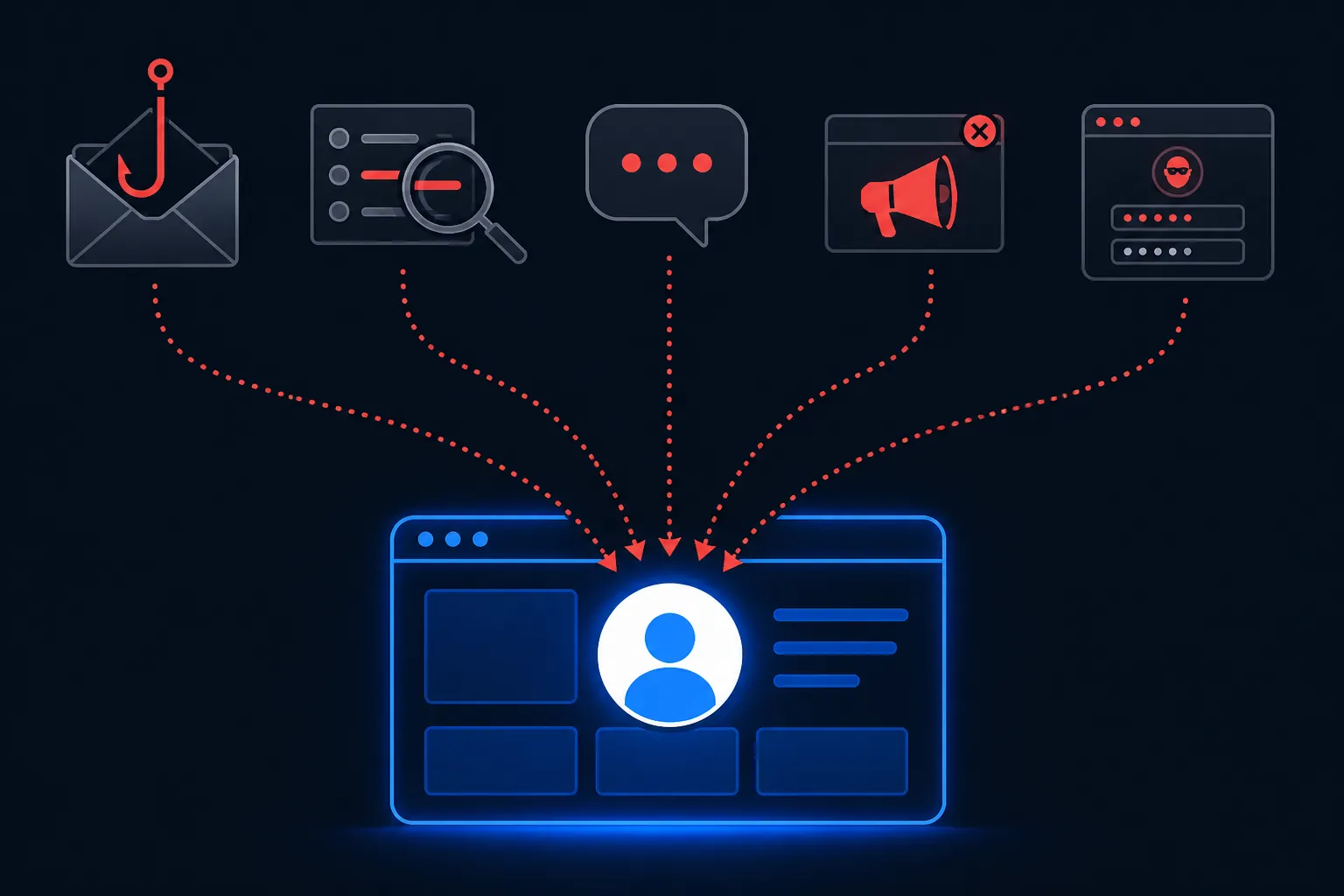 Threats from email, search, chat, ads, and fake login pages converging on the user in the browser