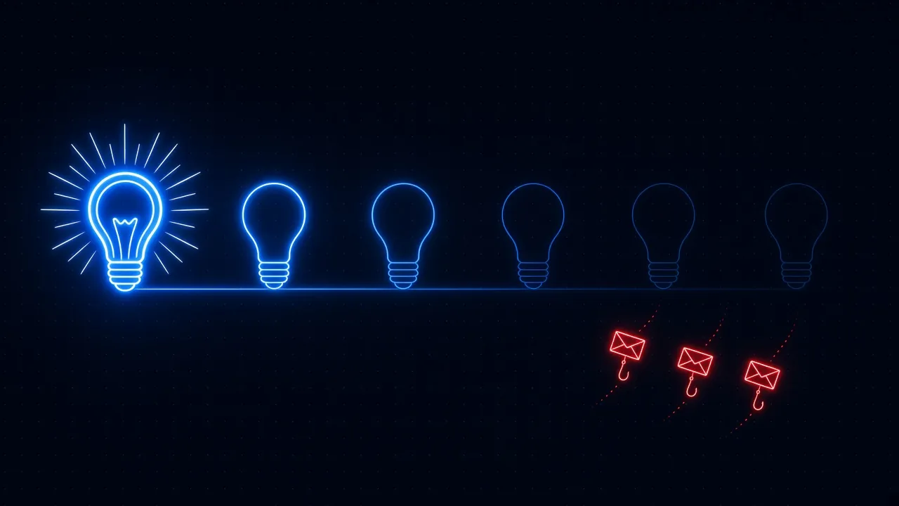 A row of lightbulbs that starts with one glowing brightly and grows dimmer from left to right, with phishing emails arriving beneath the faded bulbs
