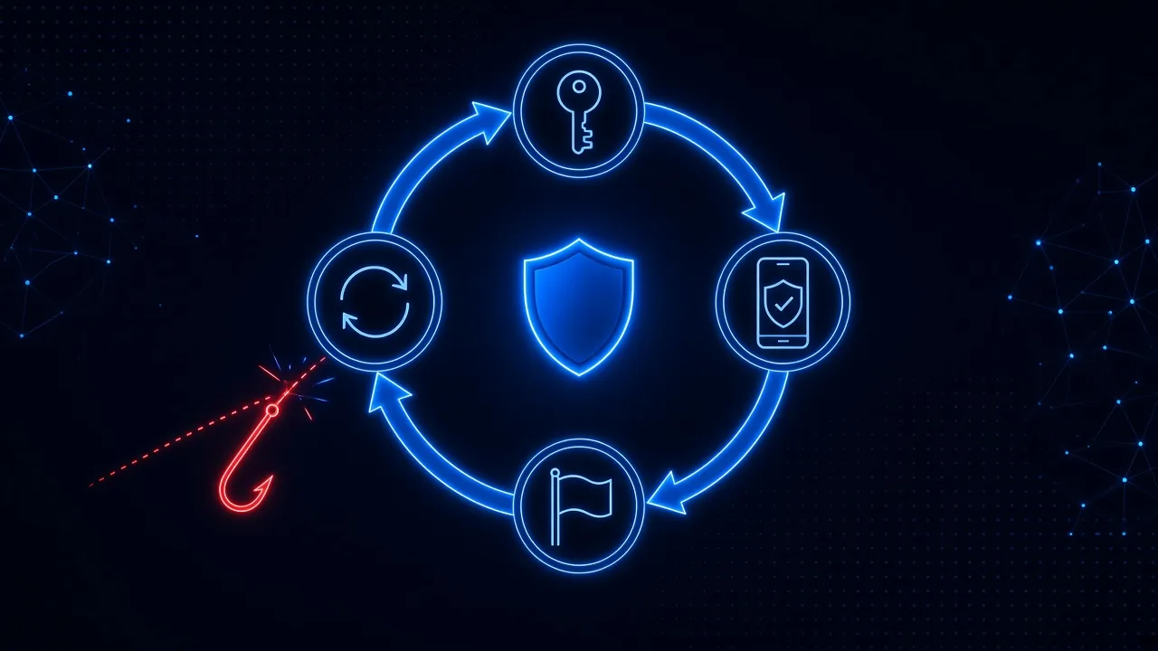 A continuous loop of arrows connecting four habits, a password key, a phone with multifactor authentication, a report flag, and a software update symbol, around a shield that deflects a phishing hook