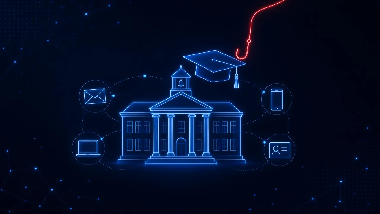 A glowing school building with a graduation cap floating above it and a red fishing hook descending toward the cap, surrounded by icons for email, a laptop, a phone, and a student ID card