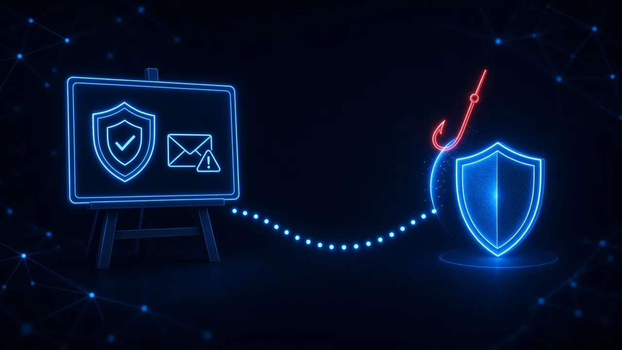 A glowing chalkboard showing a shield and a warning envelope, connected by a dotted path of evenly spaced lights to a shield that deflects a red fishing hook