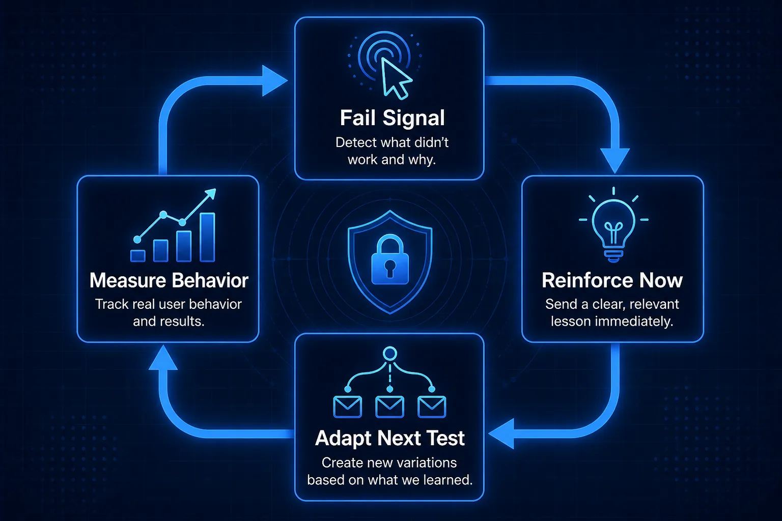 Continuous loop after a failed phishing simulation: fail signal, reinforce now, adapt next test, measure behavior