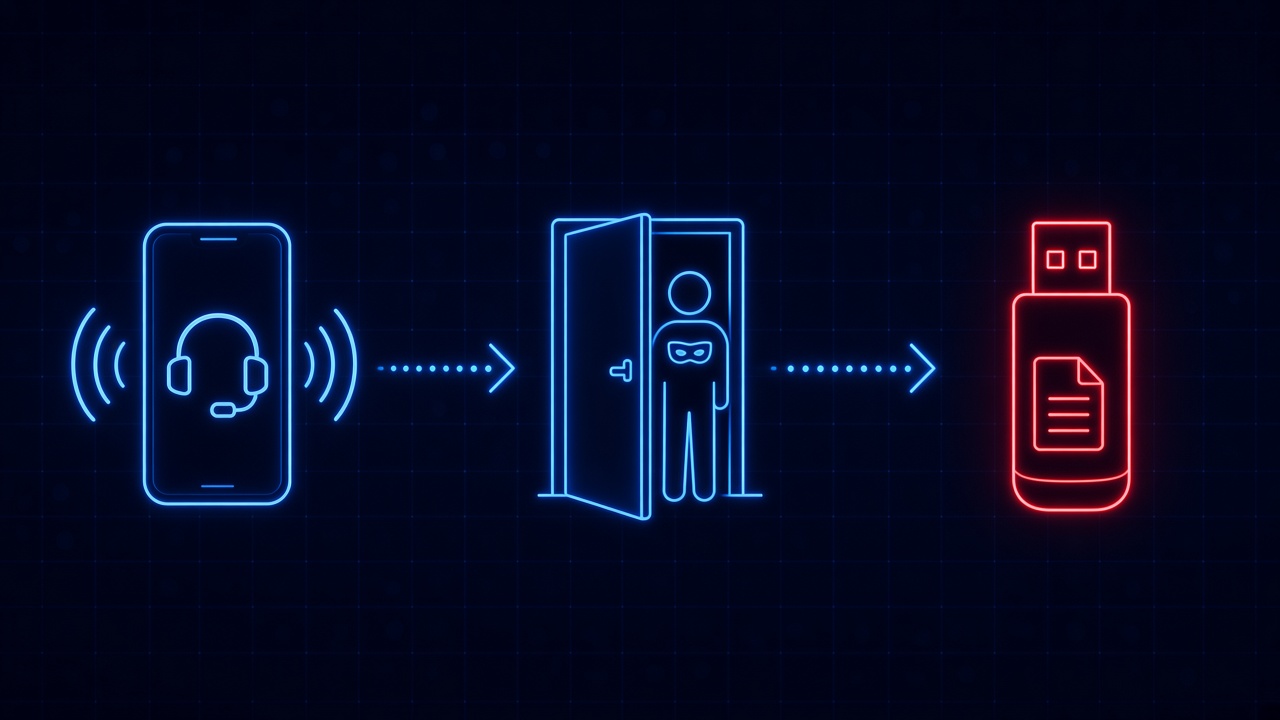 Attack chain from a fake IT support phone call to an impostor being welcomed into an office and files being copied to a USB drive