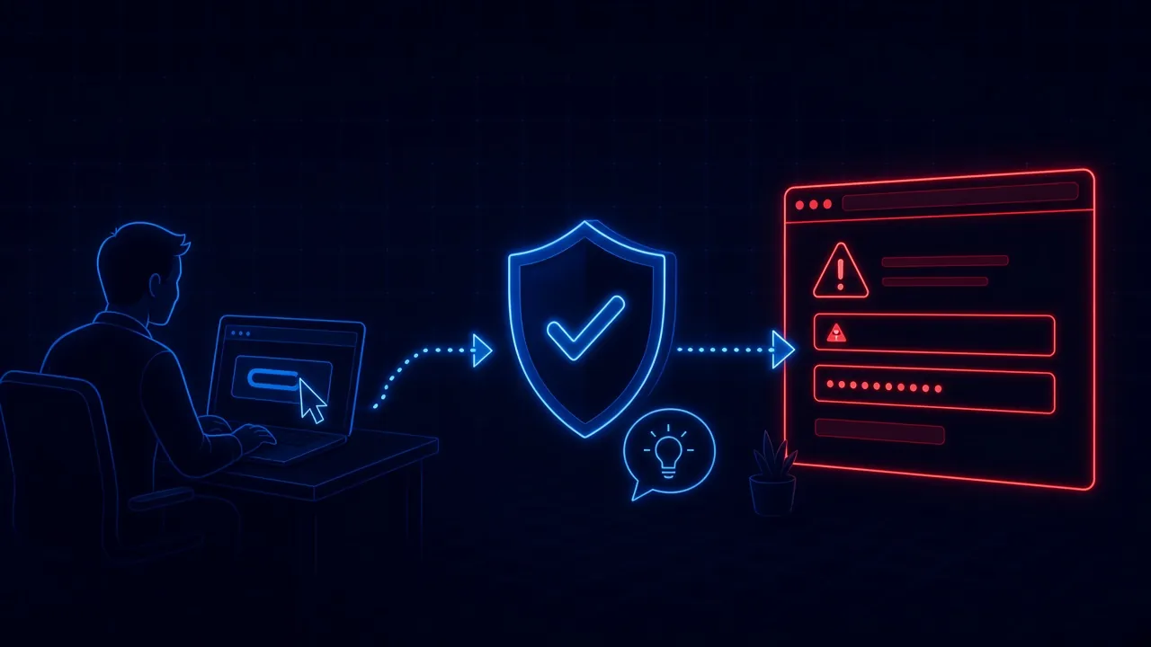 A shield intercepting a lawyer's risky click on a fake login page, with a short lesson offered after the block