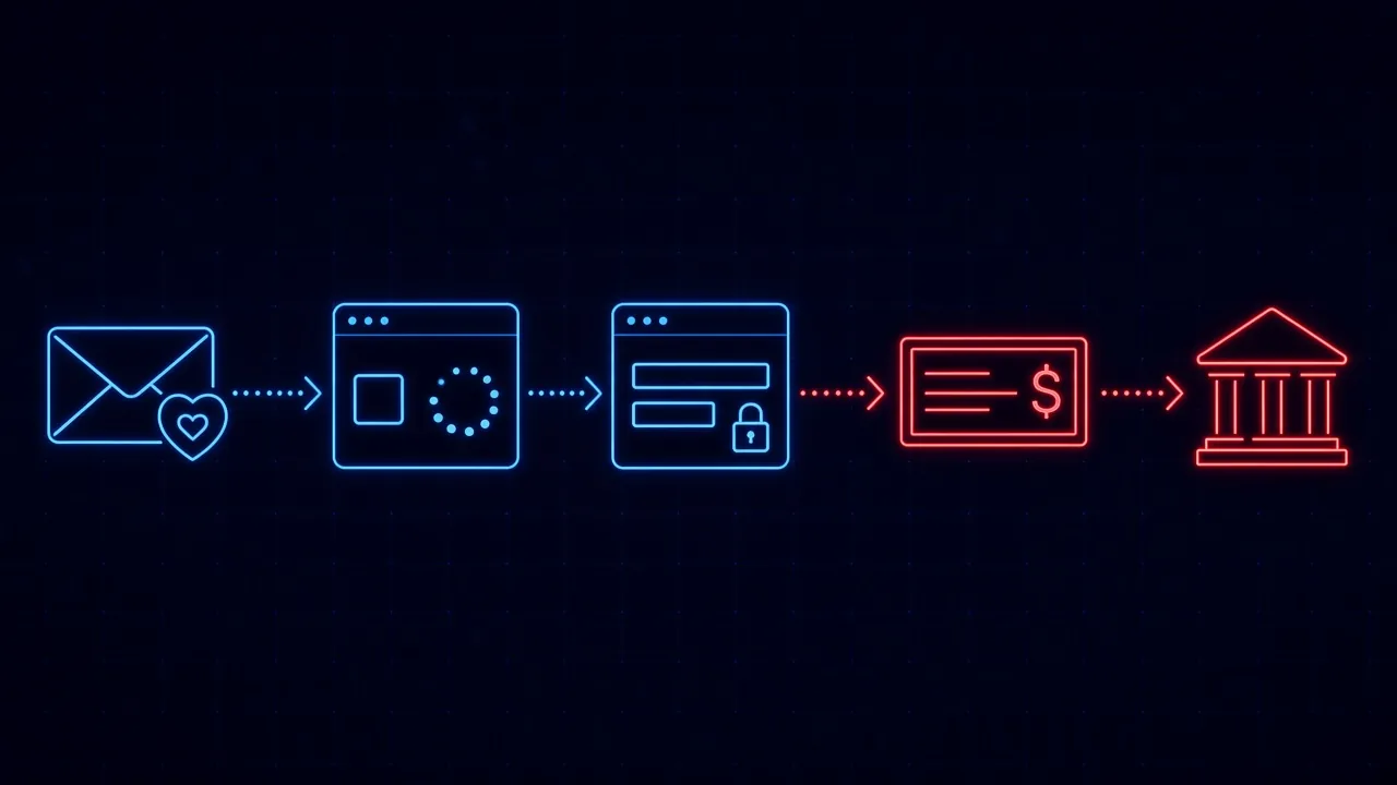 Attack chain from a benefits-themed email to a verification check, a fake sign-in page, and finally a paycheck redirected to a criminal bank account