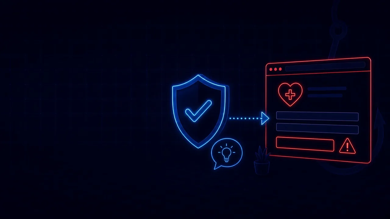 A shield blocking the path to a fake employee benefits sign-in page, with a short lesson offered next to the shield