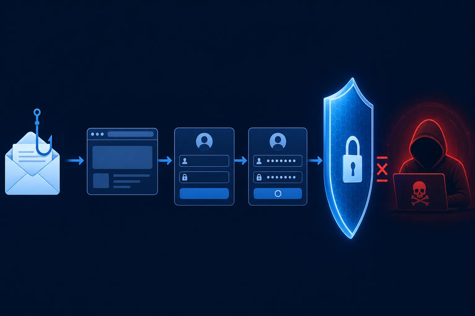 Phishing attack sequence interrupted by a protective shield before credential entry
