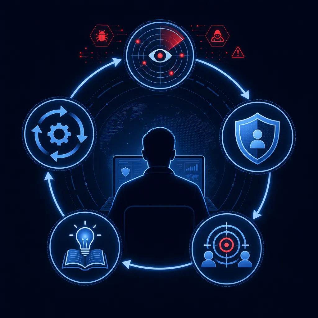 Circular loop of detect, protect, simulate, train, and adapt around a laptop user