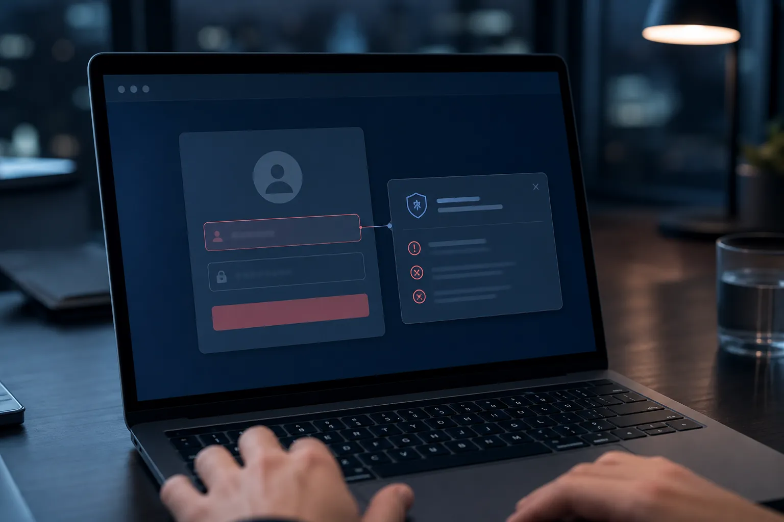 Laptop showing a suspicious login page with a security notification preventing password submission