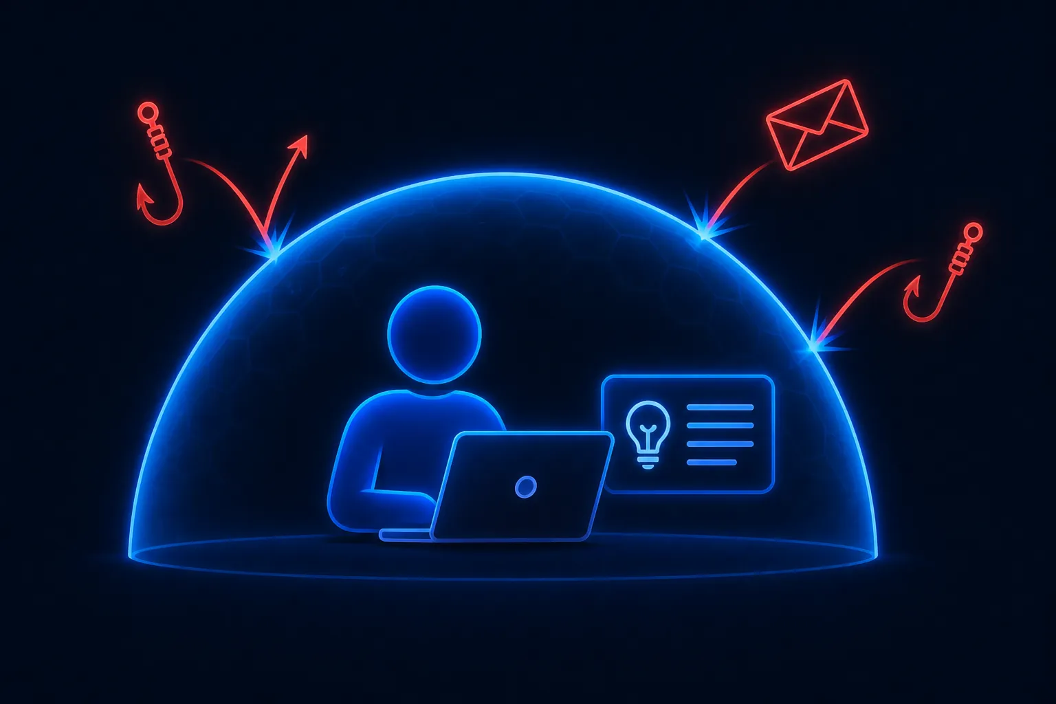 Employee learning from a short lesson while a protective shield deflects incoming phishing attacks