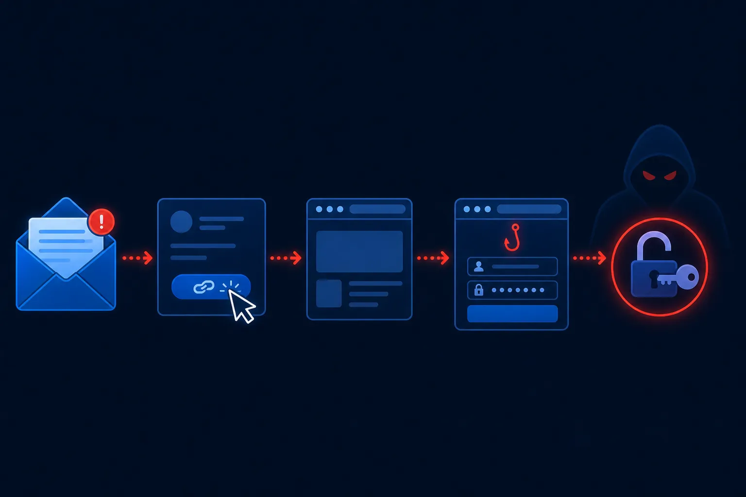 Successful phishing attack progression from email lure to click, browser, and fake login page, ending with stolen credentials in the attacker's hands