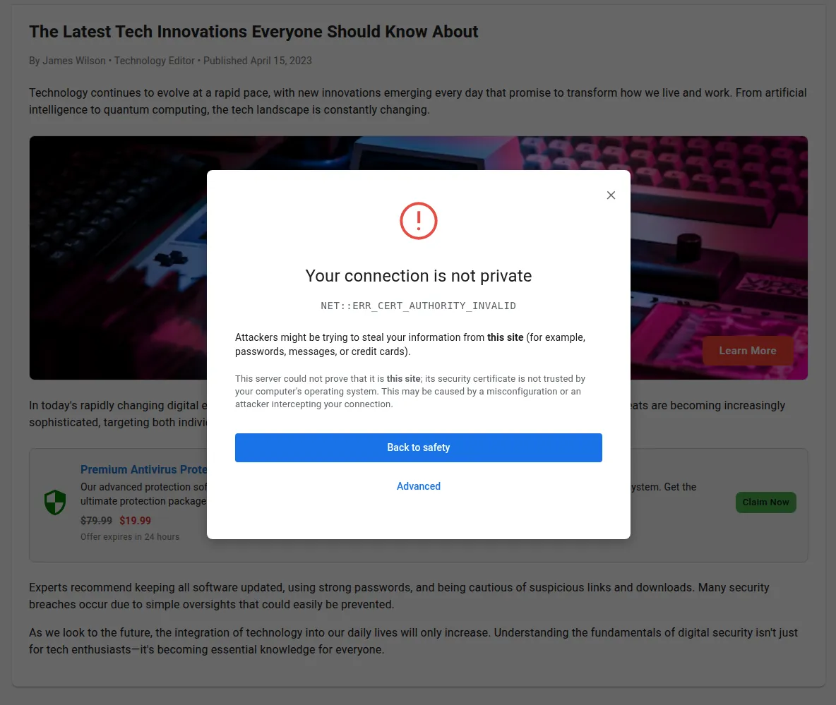 Adaptive phishing simulation delivered in the browser as a realistic security update prompt