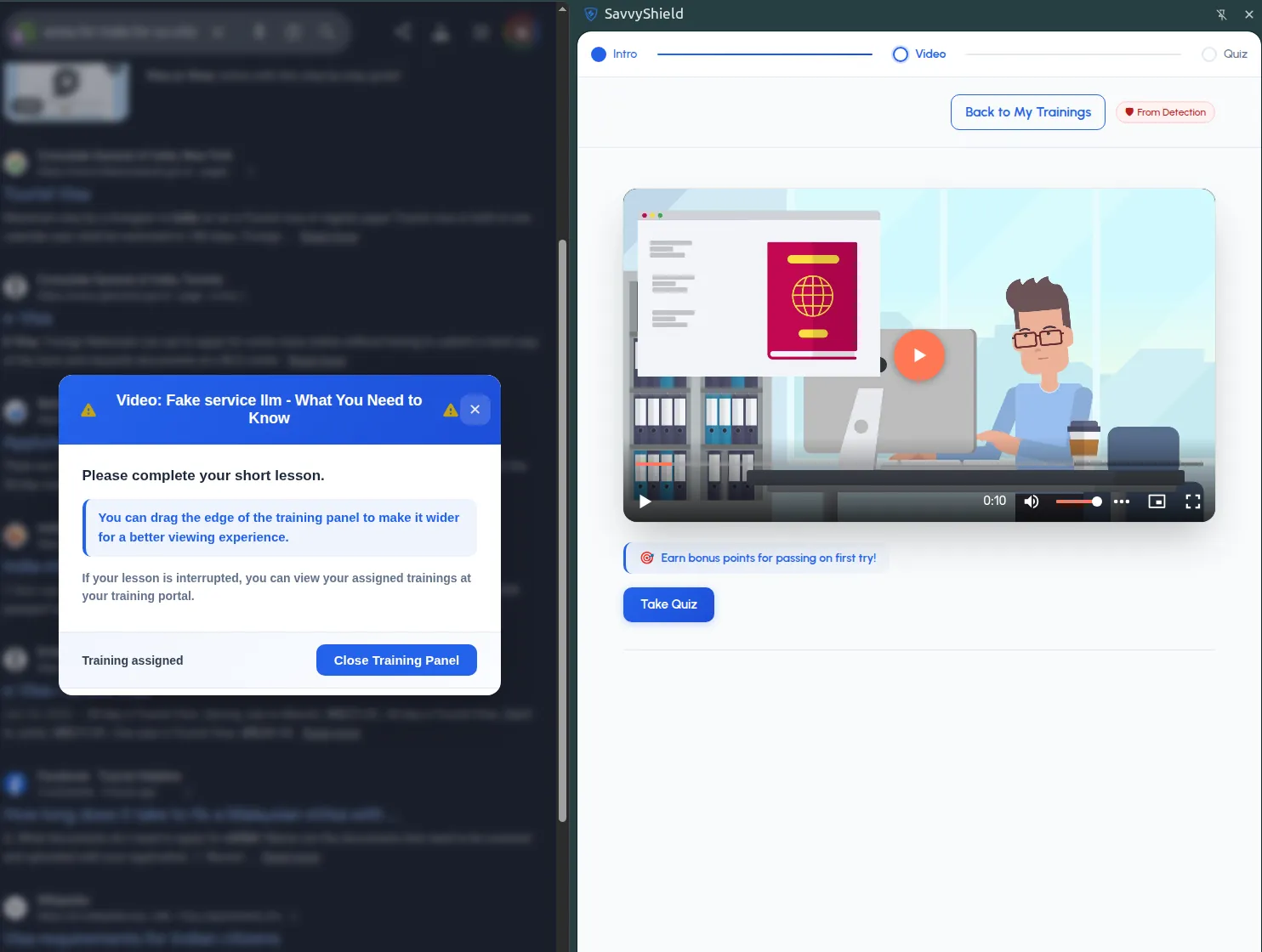 Contextual security awareness lesson delivered immediately after a risky user action