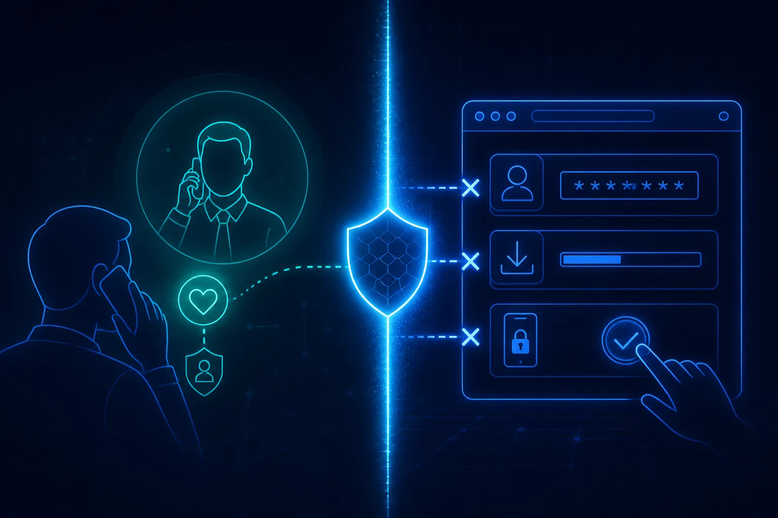 Trust created on a phone call interrupted before credential entry and compromise in the browser