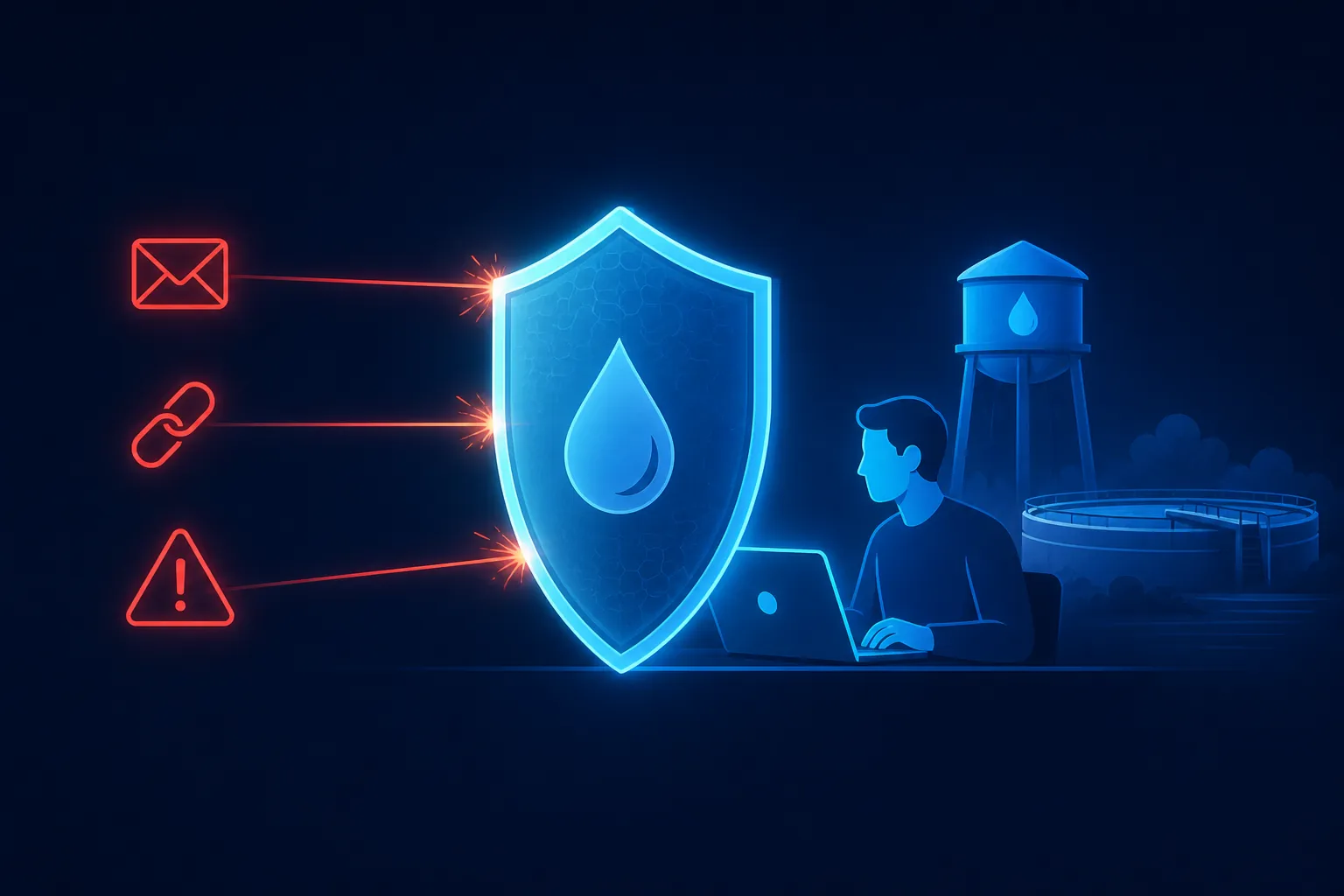 Glowing shield blocking phishing threats from reaching a water utility employee at a laptop