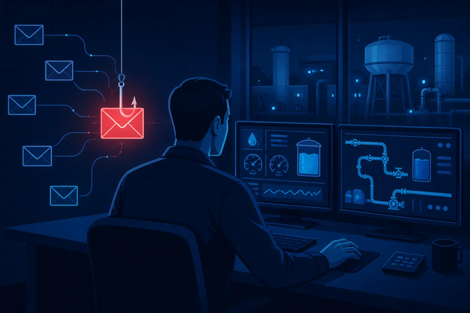 Water utility operator at a control room desk as a phishing email reaches his inbox
